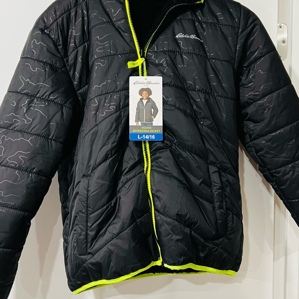 Eddie Bauer Kids Fleece Lined Puffer Jacket Black with Neon Trim
